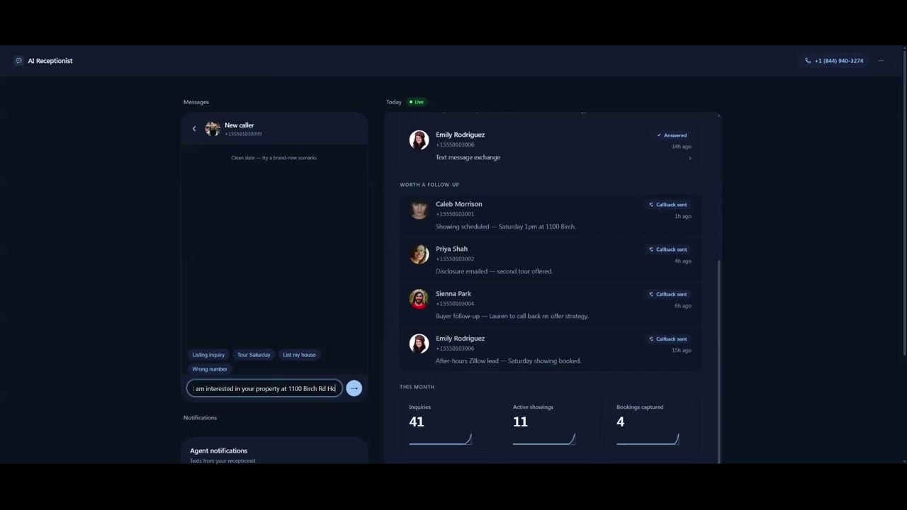 The Keres console: a caller conversation on the left, answered calls and follow-ups on the right, and this month's enquiries, active jobs and bookings along the bottom.